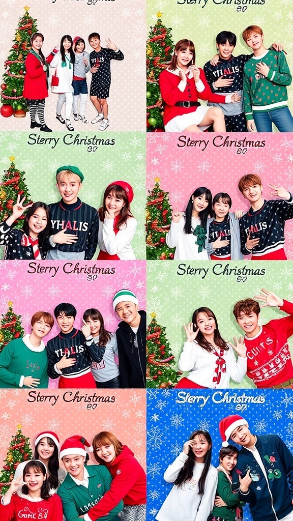 A collection of Stray Kids Christmas wallpapers with members in festive settings, decorated with holiday elements.